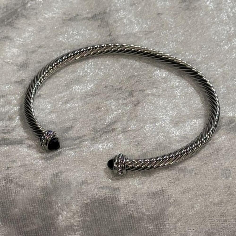 Silver Plated Cable Cuff Bracelet with Black CZ Accents | Twisted Wire Bangle